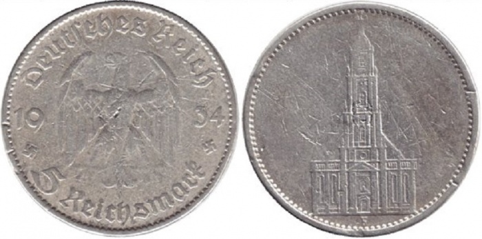 (1934F) Монета Германия 1934 год 5 марок &quot;Кирха в Потсдаме&quot;  Без подписи Серебро Ag 900  F
