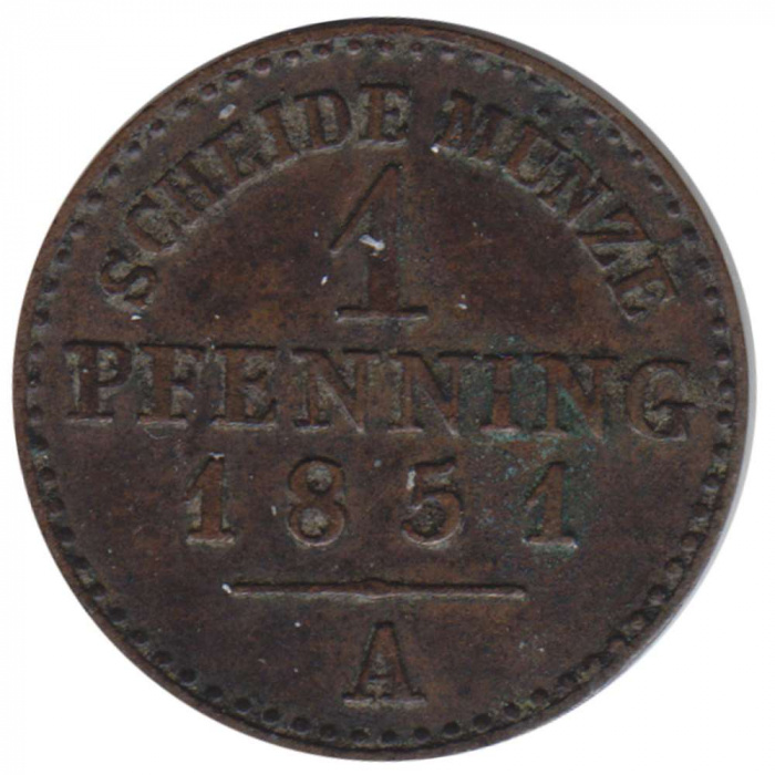 (1851A) Монета Германия (Пруссия) 1851 год 1 пфеннинг / 1/360 талера   Медь  XF