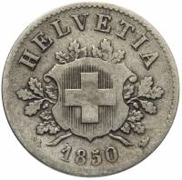 (1850) Монета Швейцария 1850 год 10 раппенов   Серебро Ag 500  F