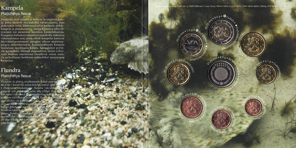 (2017, 8 м + жетон) Набор монет Финляндия 2017 год &quot;Морская камбала&quot;   Буклет