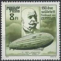 (1988-004) Марка Венгрия "Цеппелин LZ-127 1928"    150 лет со дня рождения Фердинанда фон Цеппелина 