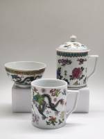 Чашки кружки большие с крышкой и без чайные 2 шт и пиала китайский фарфор драконы феникс цветы