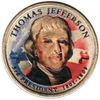 03d Монета США 2007 год 1 доллар Томас Джефферсон  Вариант №2 Латунь  COLOR. Цветная