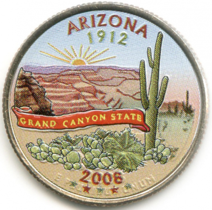 (048d) Монета США 2008 год 25 центов &quot;Аризона&quot;  Вариант №1 Медь-Никель  COLOR. Цветная