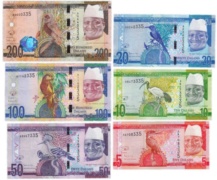 (2015, 6 шт, 5, 10, 20, 50, 100, 200 даласи) Набор банкот Гамбия 2015 год &quot;Яхья Джамме&quot;   UNC