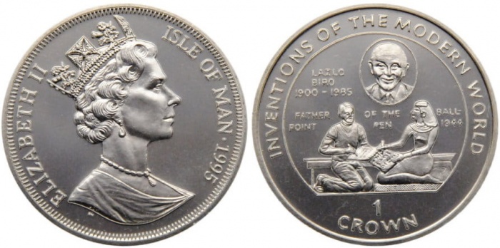 1995 Монета Остров Мэн 1995 год 1 крона Ласло Биро Шариковая ручка  Серебро Ag 925  PROOF