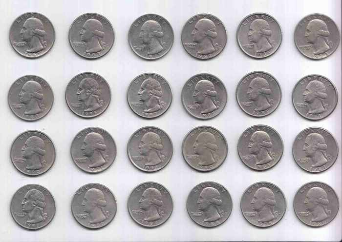 Набор монет США 25 центов (54 штуки) 1965-98 года (все разные года и дворы) &quot;Джордж Вашингтон&quot;, VF