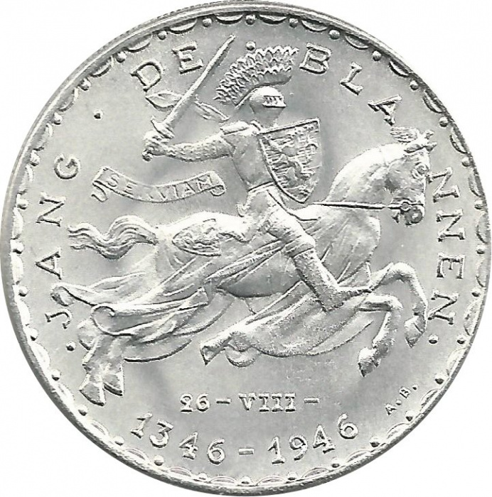(1946) Монета Люксембург 1946 год 50 франков &quot;Иоанн Слепой. 600 лет смерти&quot;  Серебро Ag 835  UNC