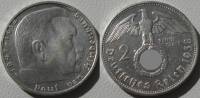 1938G Монета Германия 2 марки Пауль Гинденбург  Серебро Ag 900  XF