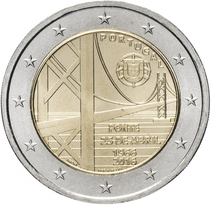 (017) Монета Португалия 2016 год 2 евро &quot;50 лет мосту 25 апреля&quot;  Биметалл  UNC