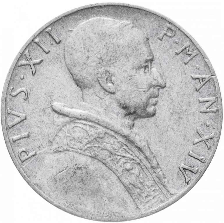 (1952) Монета Ватикан 1952 год 5 лир &quot;Пий XII&quot;  Алюминий  XF