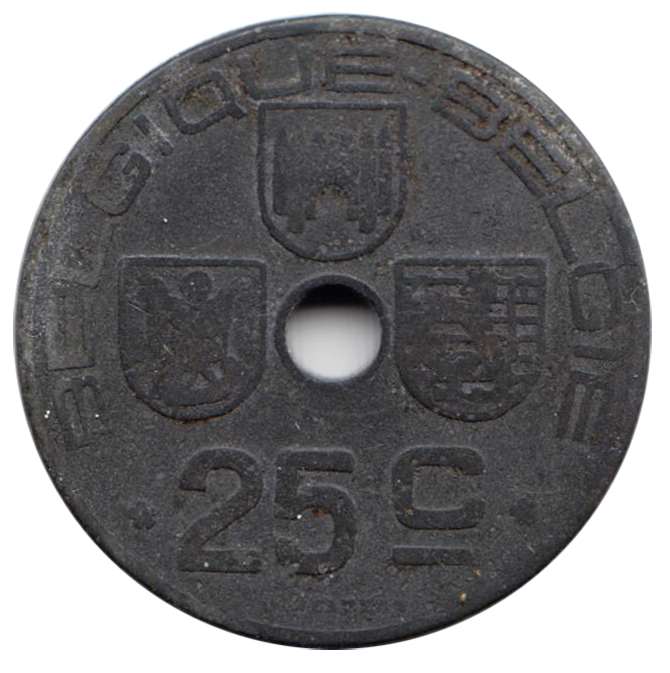 Монета Бельгия 1945 год 25 сантимов, VF