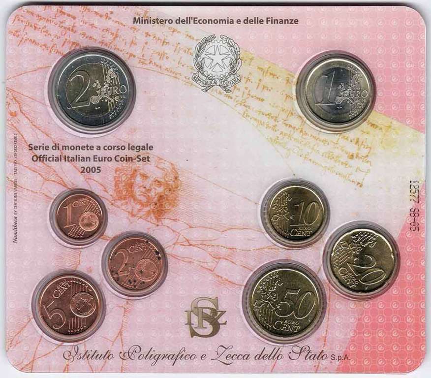 (2005, 8 монет) Набор монет Италия 2005 год &quot;Витрувианский человек&quot;   Буклет
