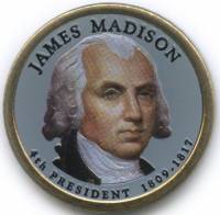 04p Монета США 2007 год 1 доллар Джеймс Мэдисон  Вариант №1 Латунь  COLOR. Цветная