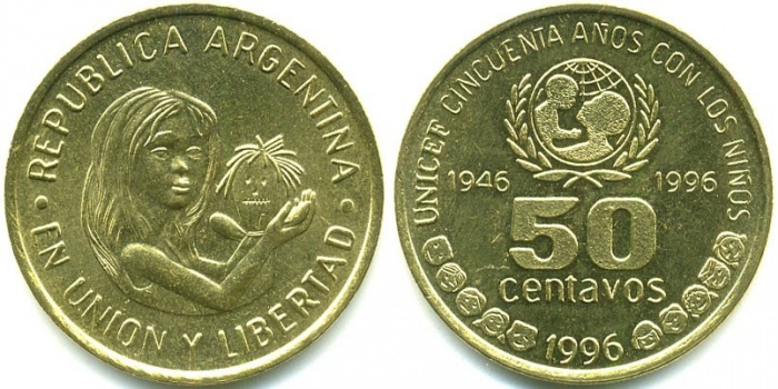 (1996) Монета Аргентина 1996 год 50 центаво &quot;ЮНИСЕФ 50 лет&quot;  Латунь  UNC