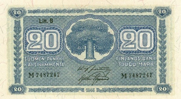 (1945 Litt B) Банкнота Финляндия 1945 год 20 марок  Jutila - Aspelund  UNC