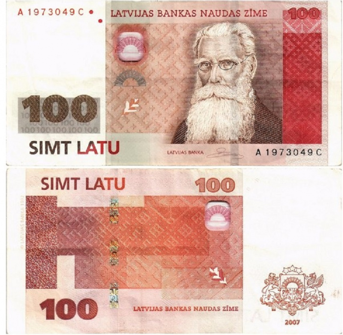 (2007) Банкнота Латвия 2007 год 100 лат &quot;Кришьянис Барон&quot;   XF