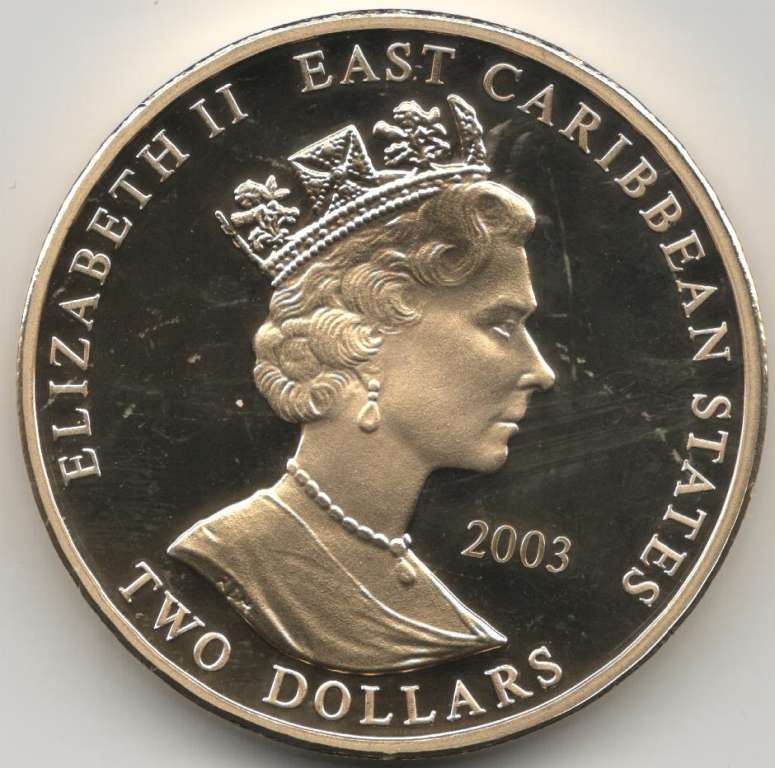 (2003) Монета Восточно-Карибские штаты 2003 год 2 доллара &quot;Уинстон Черчилль&quot;  Позолота Медь-Никель  