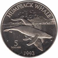 (1993) Монета Маршалловы Острова 1993 год 5 долларов "Горбатый кит"  Никель Медь-Никель  UNC