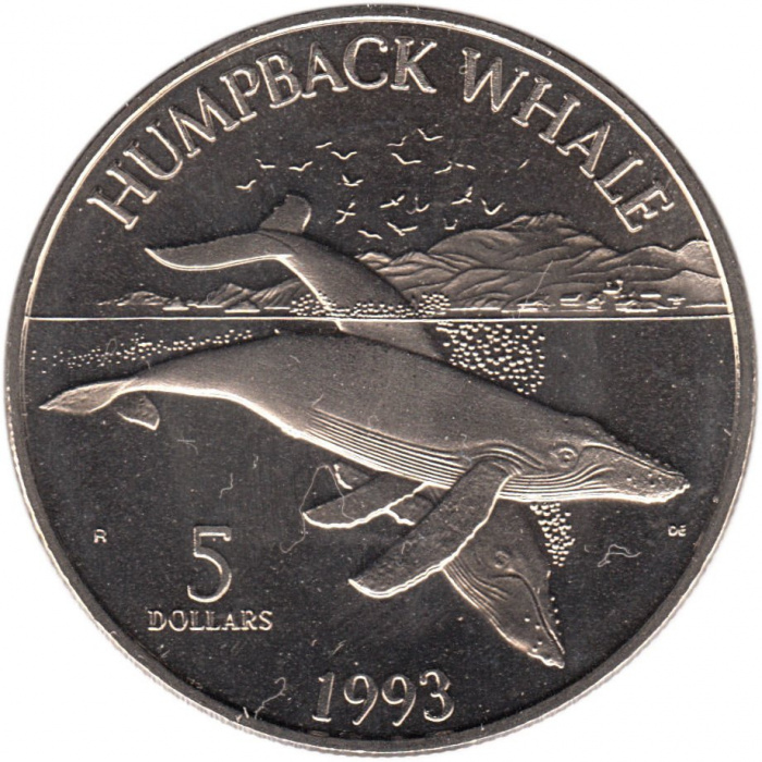 (1993) Монета Маршалловы Острова 1993 год 5 долларов &quot;Горбатый кит&quot;  Никель Медь-Никель  UNC