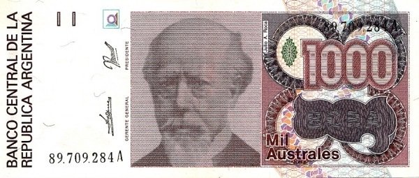 1989 Банкнота Аргентина 1989 год 1 000 аустралей Хулио Рока   UNC
