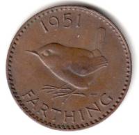 1951 Монета Великобритания 1951 год 1 фартинг Крапивник  Бронза  XF