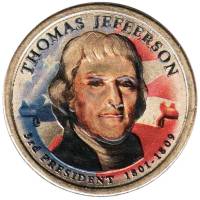 (03d) Монета США 2007 год 1 доллар "Томас Джефферсон"  Вариант №2 Латунь  COLOR. Цветная