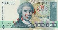 (,) Банкнота Хорватия 1993 год 100 000 динар "Руджер Иосип Бошкович"   UNC