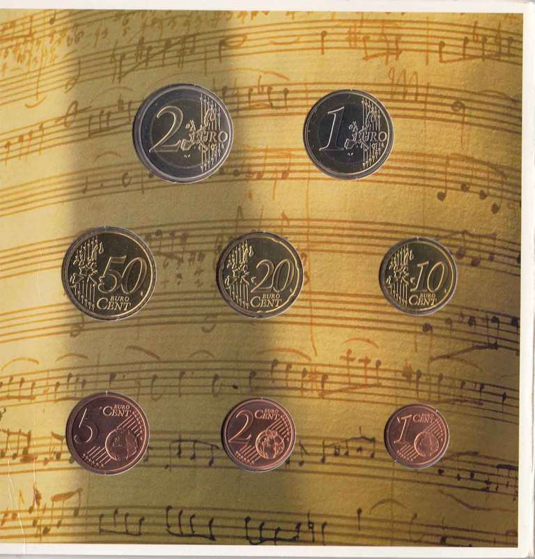 (2003, 8 монет) Набор монет Австрия 2003 год &quot;Вольфганг Амадей Моцарт&quot;   Буклет
