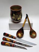 Ножи 3 шт Банка и ложки 2 шт Хохлома посуда дерево металл СССР 