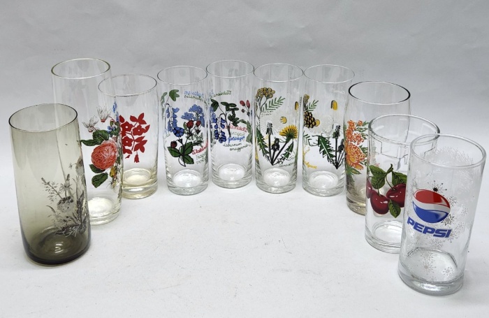 Стаканы 10 штук разных  Pepsi и с рисунком цветы, ягоды, растения, стекло