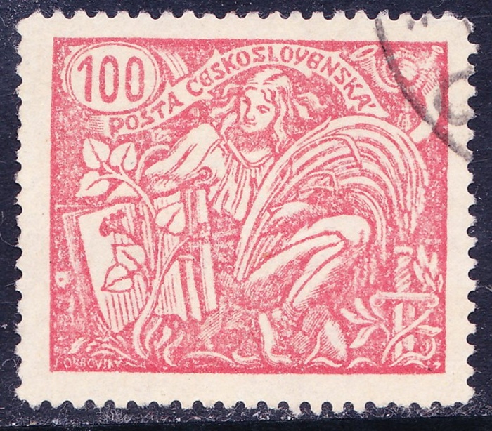 (1923- 001) Марка Чехословакия &quot;Аллегория (Красная)&quot;    Сельское хозяйство и наука (Стандартный выпу
