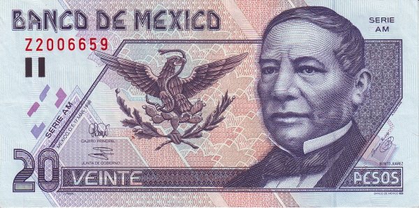 (,) Банкнота Мексика 1998 год 20 песо &quot;Бенито Хуарес&quot;   UNC