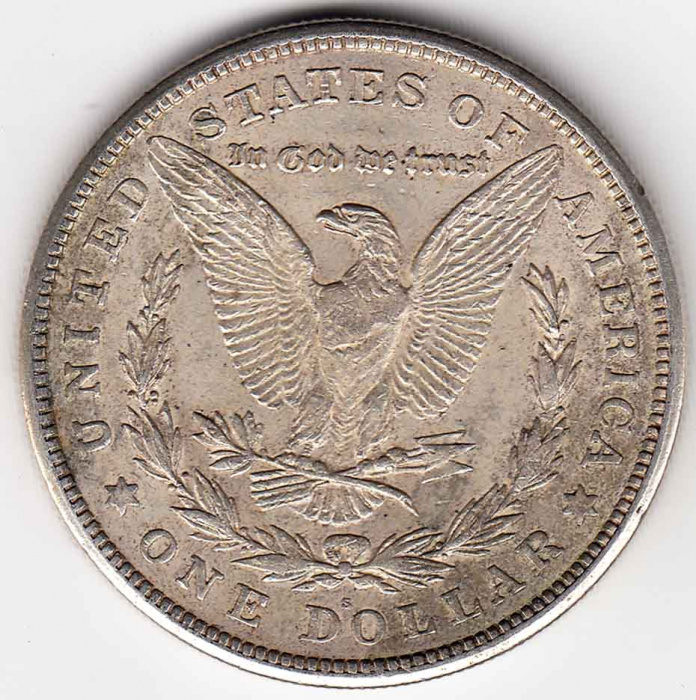 (1921s) Монета США 1921 год 1 доллар   Голова Свободы, Морган, Белоговый Орлан Серебро Ag 900  XF