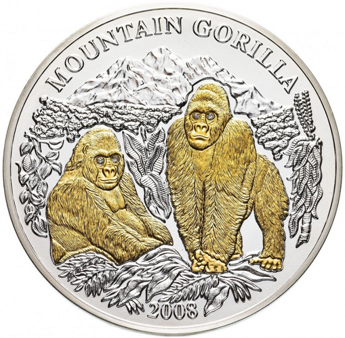 (2008) Монета Руанда 2008 год 1000 франков &quot;Горная горилла&quot;  Позолота Кристаллы Серебро Ag 925  UNC