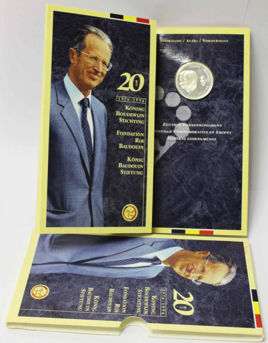 (1996) Монета Бельгия 1996 год 250 франков &quot;Фонд короля Бодуэна. 20 лет&quot;  Серебро Ag 925  Буклет