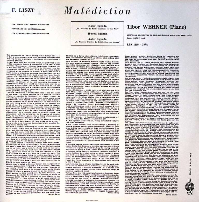Пластинка виниловая Ф. Лист Tibor Wehner Легенда Баллада  Qualiton 300 мм. Excellent