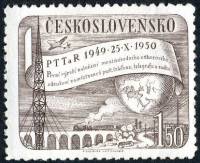 (1950-030) Марка Чехословакия "Поезд на мосту (Коричневая)"    1 год Международной ассоциации почтов