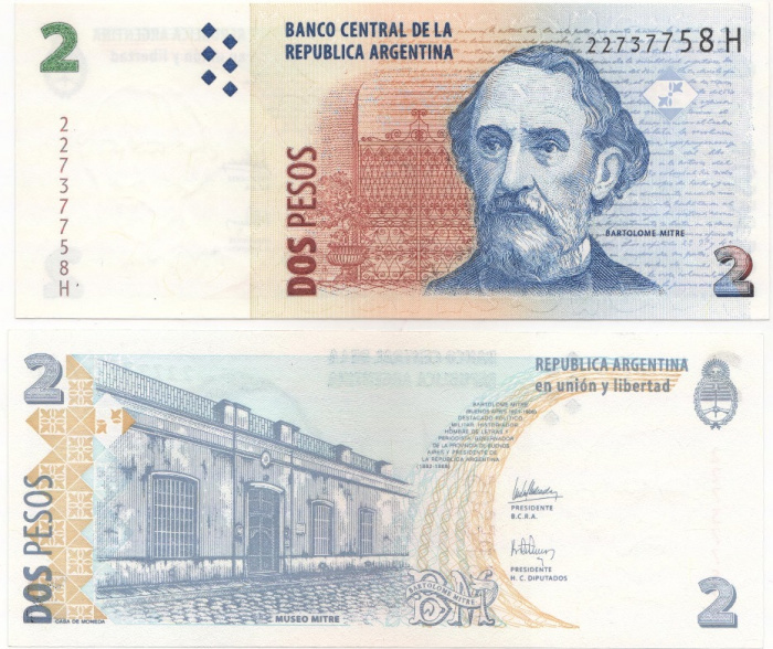 (2002) Банкнота Аргентина 2002 год 2 песо &quot;Бартоломе Митре&quot;   UNC