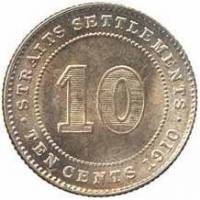 () Монета Стрейтс Сетлментс («Поселения у пролива»)  1909 год 10  ""   Биметалл (Серебро - Ниобиум) 