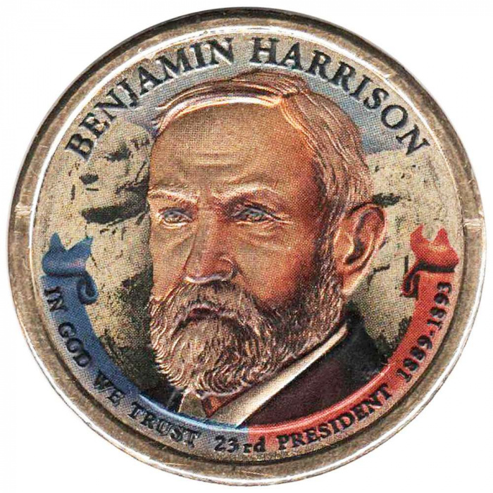 (23p) Монета США 2012 год 1 доллар &quot;Бенджамин Гаррисон&quot;  Вариант №2 Латунь  COLOR. Цветная