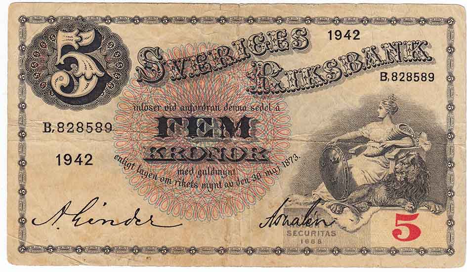 (,) Банкнота Швеция 1942 год 5 крон &quot;Густав I Васа&quot;   VF