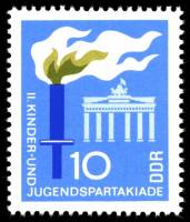 (1968-043) Марка Германия (ГДР) "Эмблема"  голубая  Детская спартакиада III O