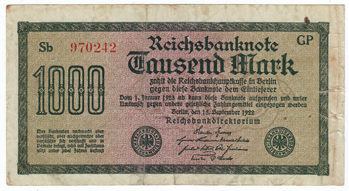 (1922) Банкнота Германия 1922 год 1 000 марок &quot;Без вод. знака&quot; 3-й выпуск  VF