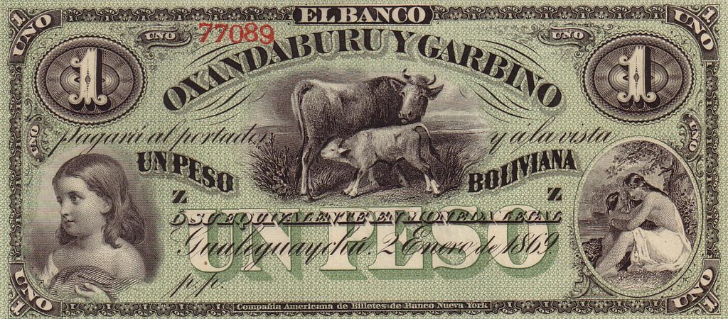 (№1869P-S1782r) Банкнота Аргентина 1869 год &quot;1 Peso Bolivano&quot;