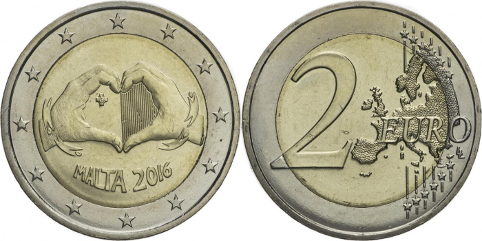 (012) Монета Мальта 2016 год 2 евро &quot;Солидарность через любовь&quot;  Биметалл  UNC