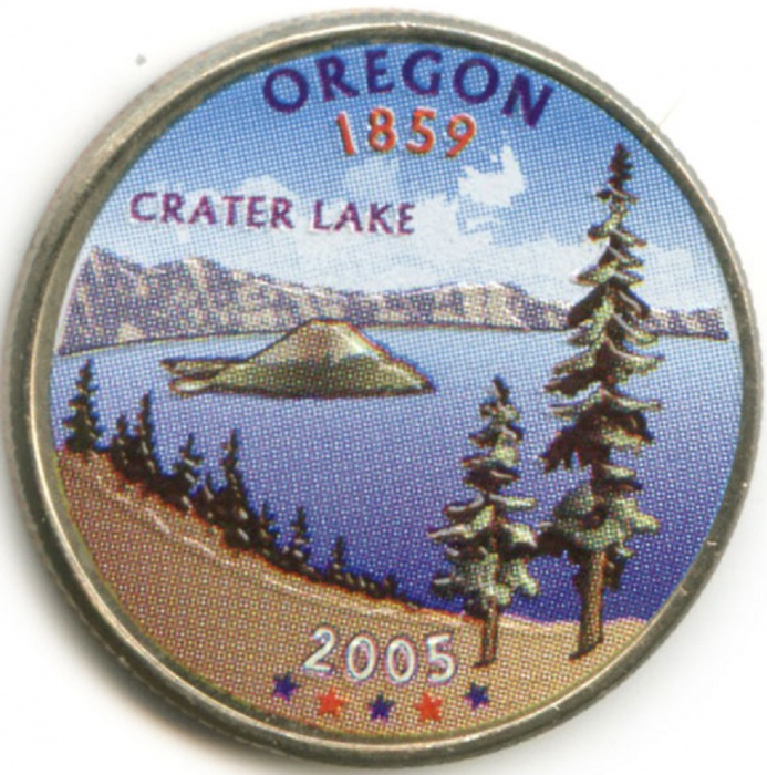 (033d) Монета США 2005 год 25 центов &quot;Орегон&quot;  Вариант №1 Медь-Никель  COLOR. Цветная