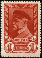 (1945-028) Марка Чехословакия "Т. Массарик (Красная)"    Президент Массарик (Стандартный выпуск) I Θ