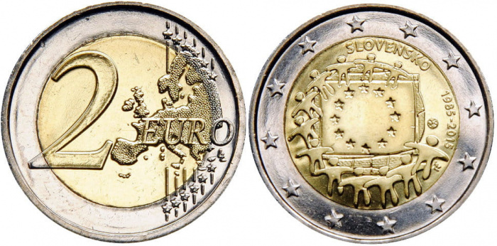 (007) Монета Словакия 2015 год 2 евро &quot;30 лет флагу Европы&quot;  Биметалл  UNC