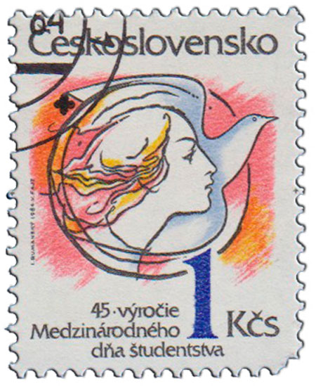 (1984-051) Марка Чехословакия &quot;Девушка и голубь&quot;    45-летие Международного дня студентов II Θ
